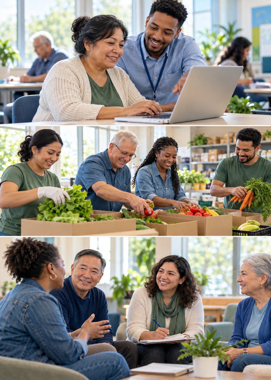 Illustrative scenes of adults learning computer skills, volunteers preparing food, and neighbors planning a next step.