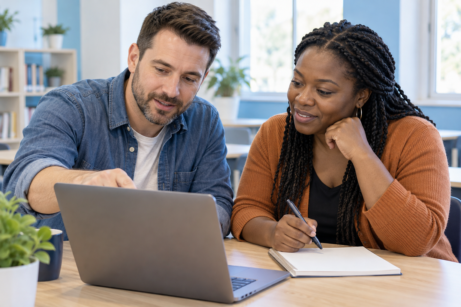 Illustrative scene of two adults discussing a next step at a laptop.